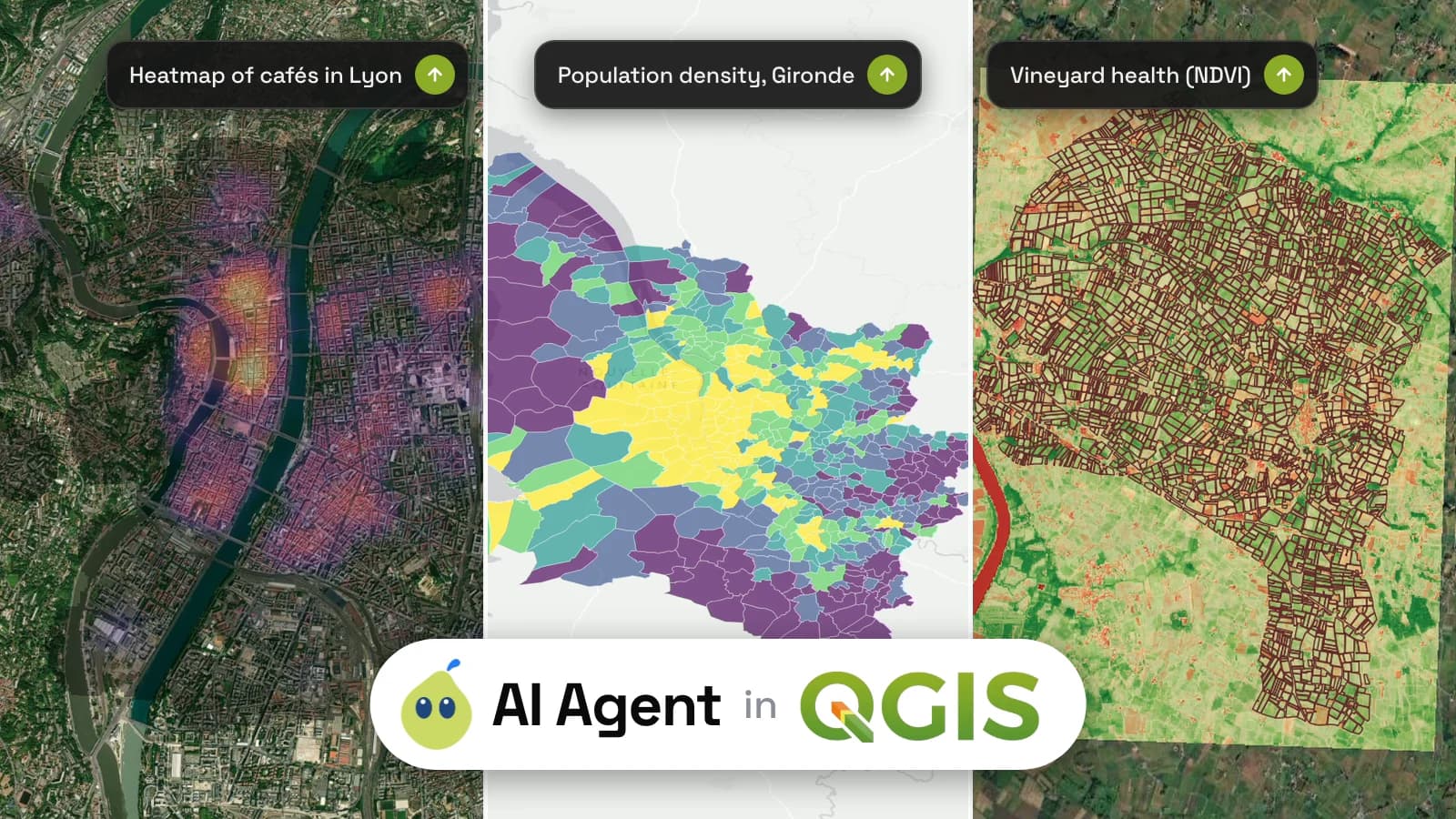 AI Agent dans QGIS : trois cartes créées à partir d'un seul message chacune, une carte de chaleur des cafés à Lyon, la densité de population en Gironde et le NDVI des vignes à Saint-Émilion.