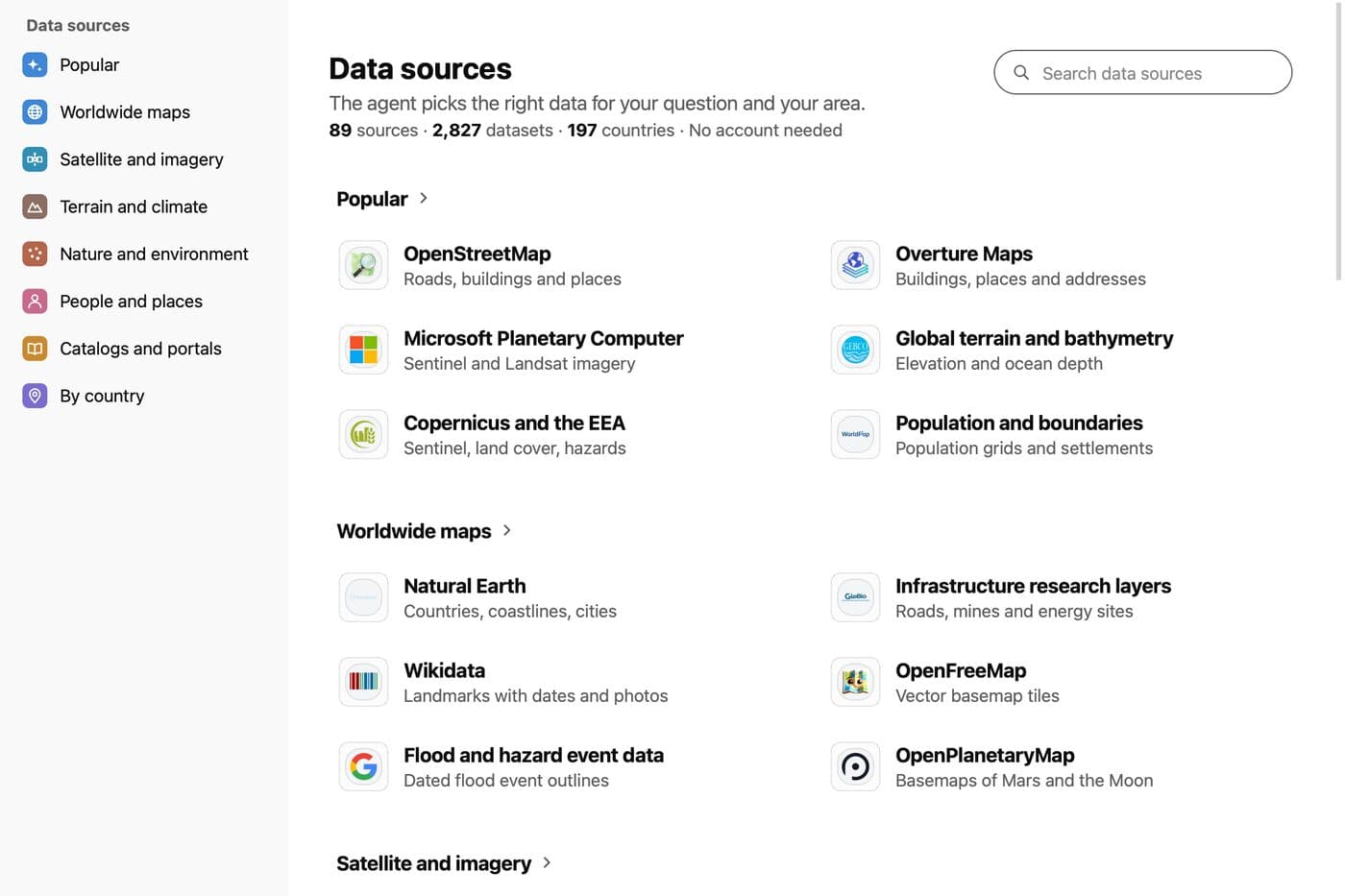 La ventana Data sources de AI Agent: 89 fuentes, 2.827 conjuntos de datos, 197 países, con OpenStreetMap, Overture Maps, Microsoft Planetary Computer y Copernicus arriba
