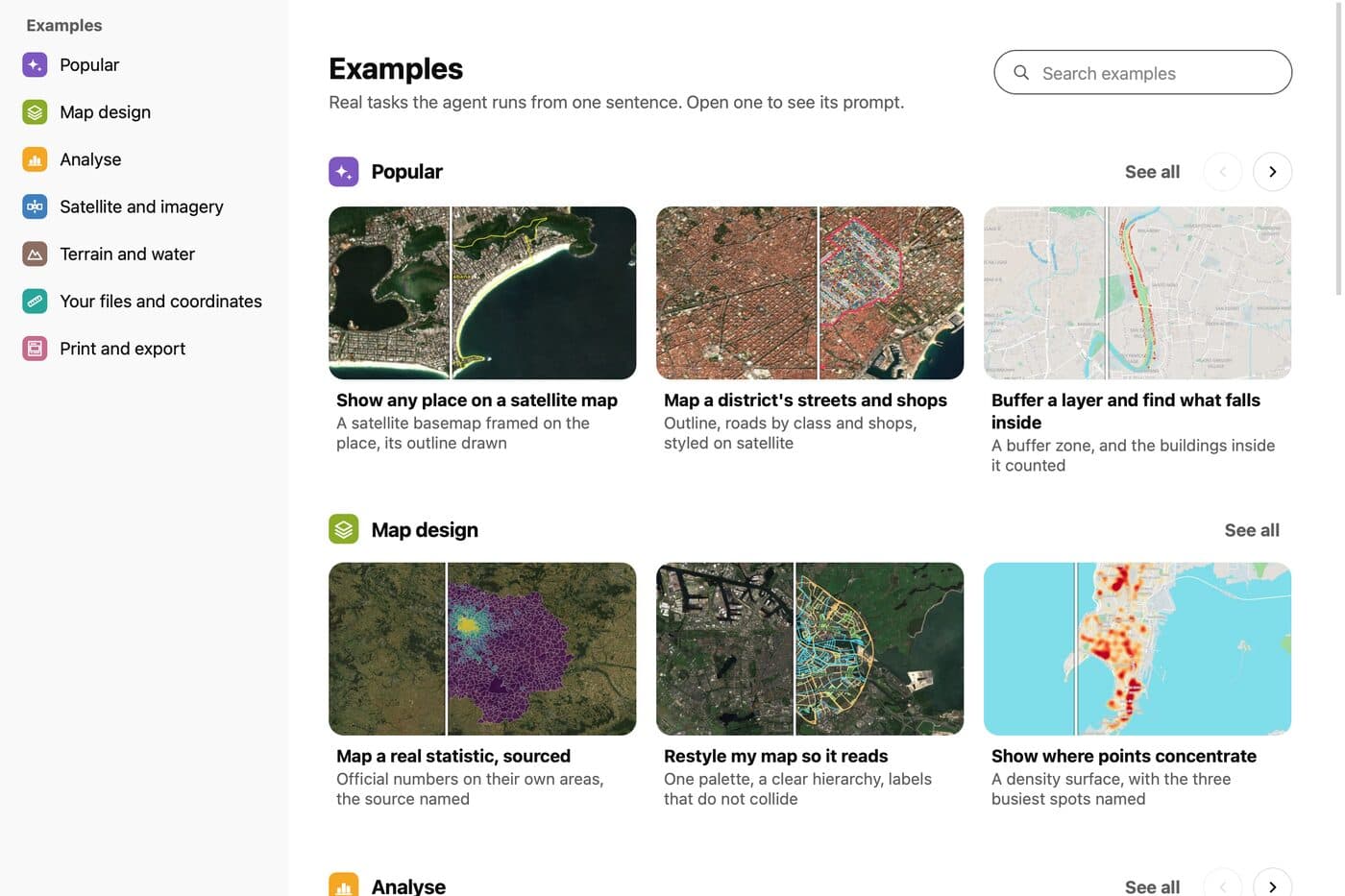 La ventana Examples de AI Agent con un cuadro de búsqueda, las secciones Popular y Map design e imágenes del antes y el después de cada tarea