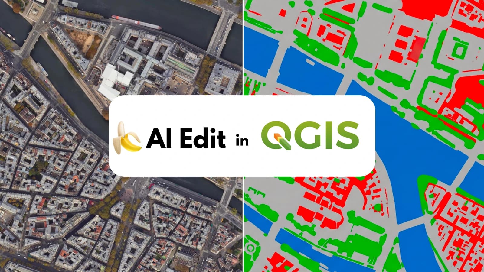 AI Edit in QGIS: aerial imagery on the left, AI-generated segmentation on the right.