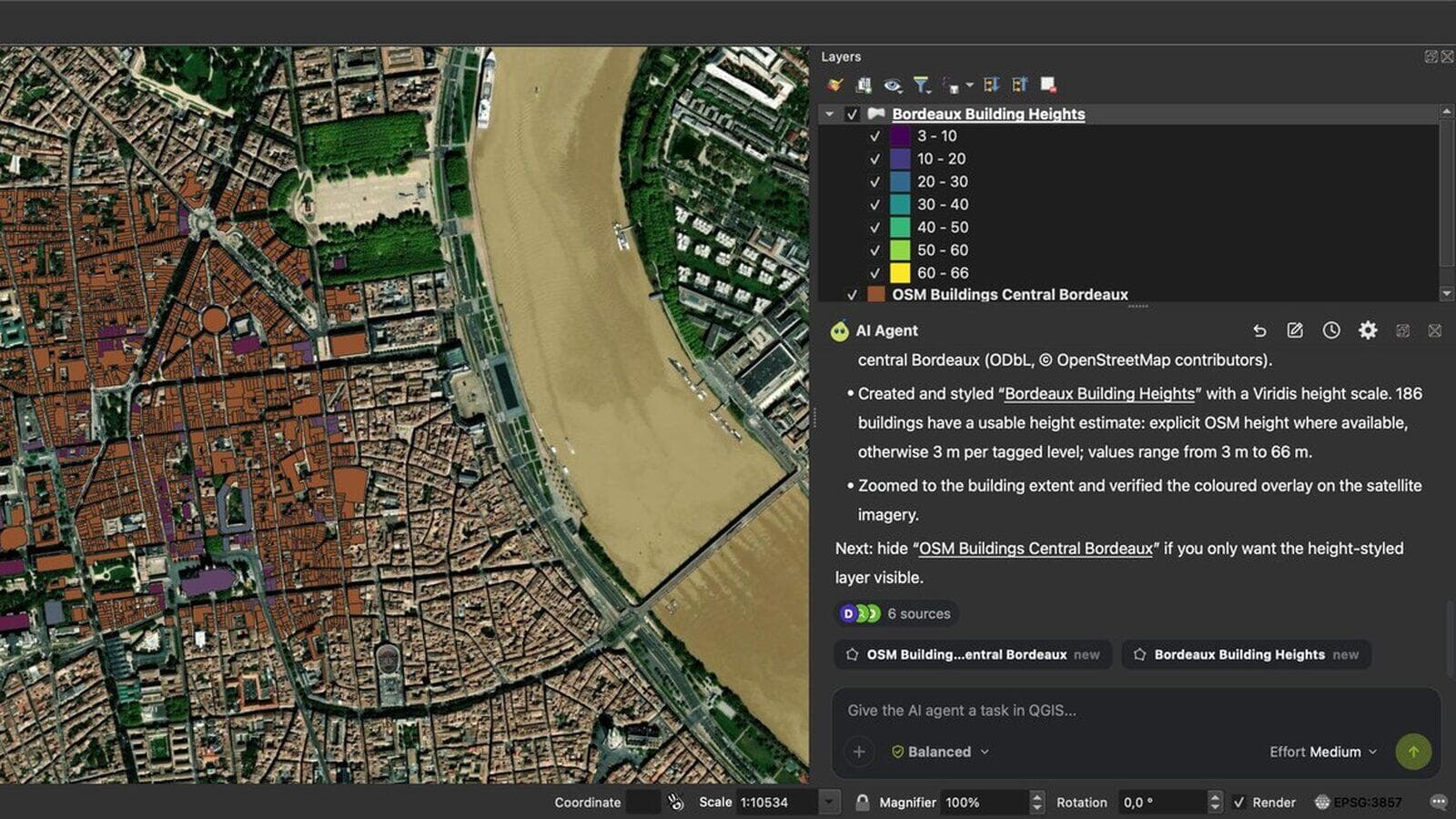 ボルドー中心部の衛星画像を表示したQGIS。建物は高さごとに色分けされ、AI Agentパネルに実行した内容が並んでいる。
