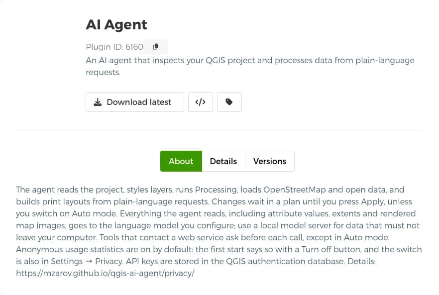 The plugins.qgis.org page of the plugin named AI Agent, plugin ID 6160, by mzarov. Its About text says everything the agent reads, including attribute values, extents and rendered map images, goes to the language model you configure, and that API keys are stored in the QGIS authentication database.