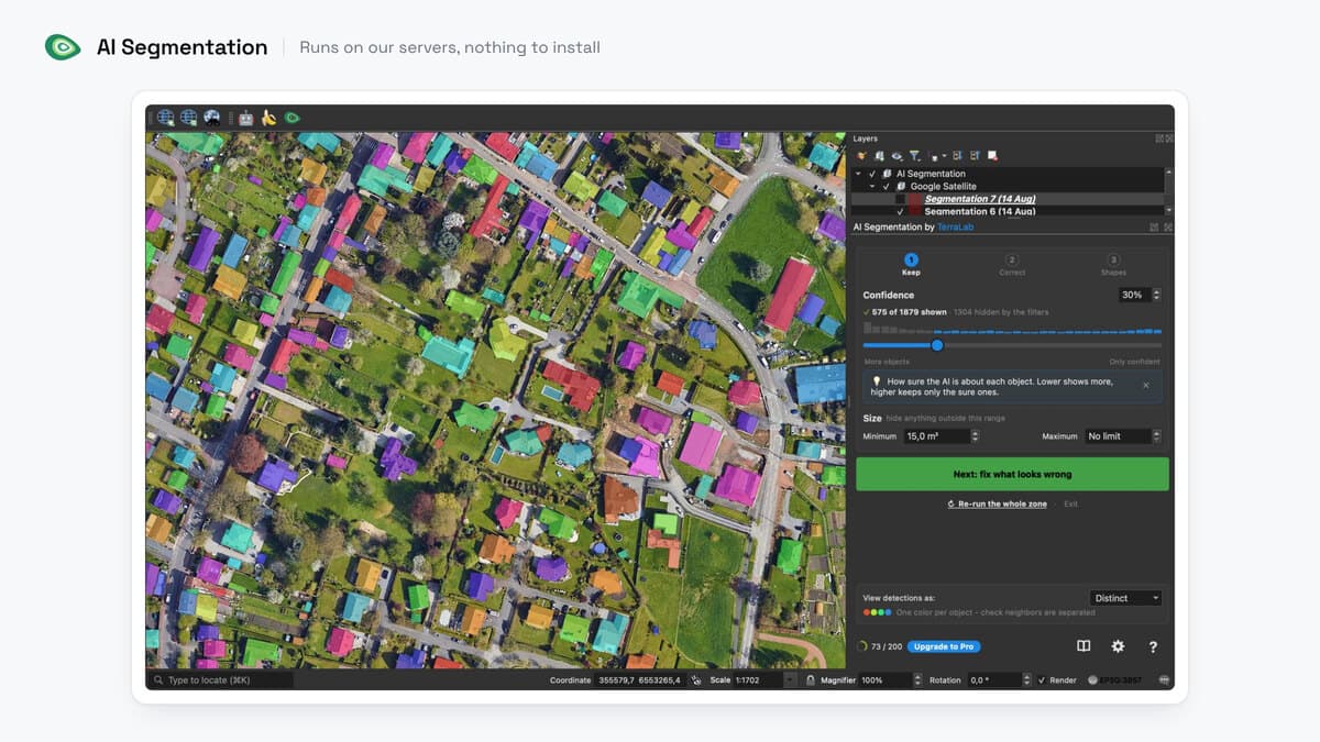 QGIS con el panel de AI Segmentation abierto a la derecha y un pueblo donde cada objeto detectado es un polígono coloreado independiente