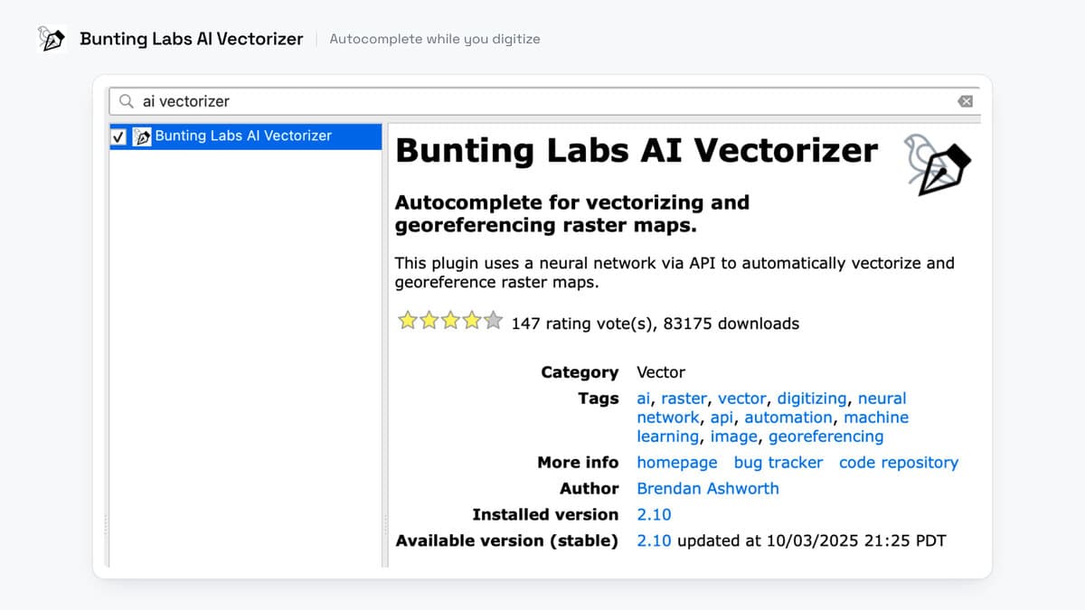 La entrada de Bunting Labs AI Vectorizer en el gestor de plugins de QGIS, mostrando su descripción, valoración y número de descargas