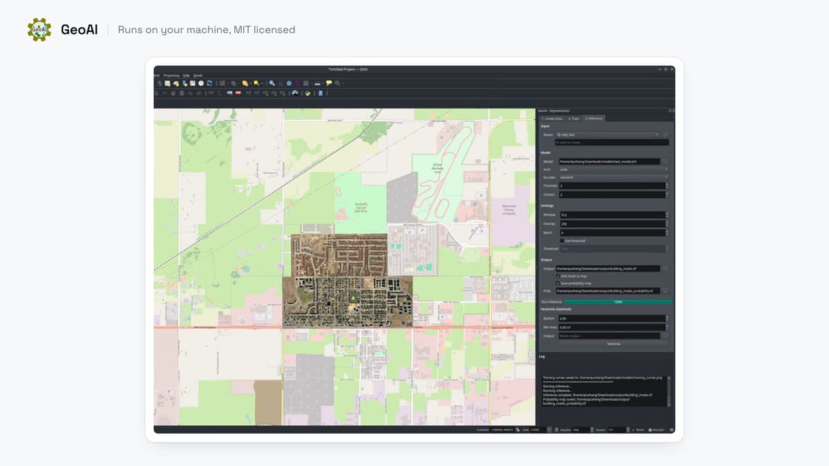 El panel de GeoAI acoplado a la derecha de QGIS con campos para el modelo, el tamaño de ventana y la salida, sobre un mapa base de OpenStreetMap