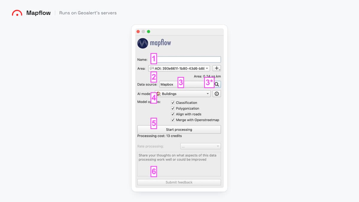 El panel de procesamiento de Mapflow acoplado en QGIS, con un área de interés, Mapbox como fuente de datos, Buildings como modo de AI y un coste de procesamiento de 13 créditos