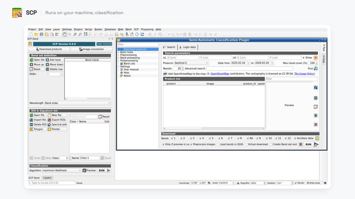 Una ventana completa de QGIS con el plugin Semi-Automatic Classification abierto, mostrando su panel acoplado, el panel de conjuntos de bandas y la pestaña de descarga de productos