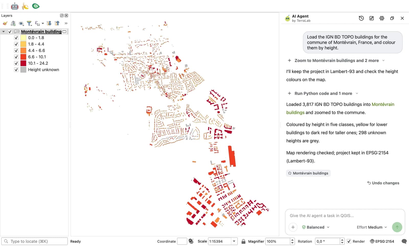 QGIS with the buildings of Montévrain coloured by height from pale yellow to dark red in five classes, grey for unknown height, and the AI Agent panel on the right showing the prompt and the answer: 3,817 IGN BD TOPO buildings loaded, 298 unknown heights in grey.