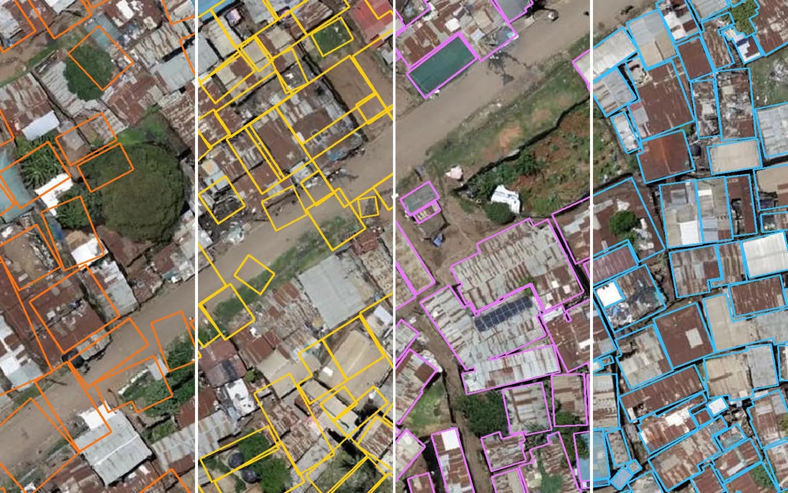 The same dense block of Dandora, Nairobi, on April 2026 drone imagery, cut into four vertical strips, each carrying one dataset's building outlines: orange Microsoft rectangles, yellow Google rectangles, magenta Overture outlines and blue OpenStreetMap outlines that follow the roofs.