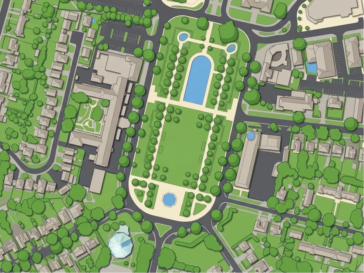A glossy colored site plan of Broadway Gardens, Letchworth: warm grey buildings with drop shadows, charcoal roads, green lawns and round tree canopies.