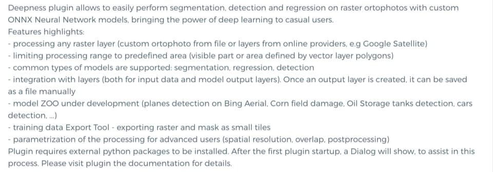 Die Beschreibung von Deepness im QGIS-Plugin-Repository, die mit dem Hinweis endet, dass das Plugin externe Python-Pakete benötigt und beim ersten Start ein Dialog erscheint