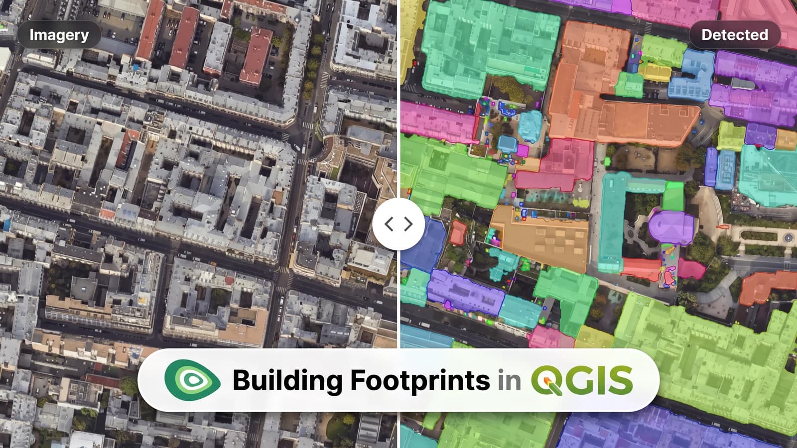 A before/after slider over aerial imagery of a Paris neighbourhood, plain rooftops on the left and each building filled with its own colour on the right, under the title Building Footprints in QGIS.