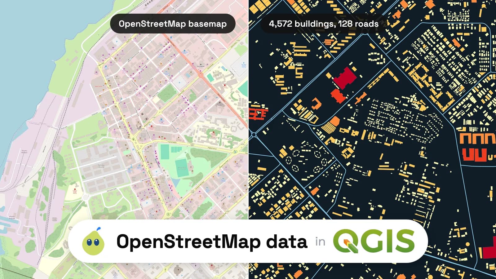 Central Kisumu, Kenya, split in two: the OpenStreetMap basemap on the left, and on the right the same streets as loaded data, 4,572 buildings coloured by footprint area and 128 main roads on a dark background.