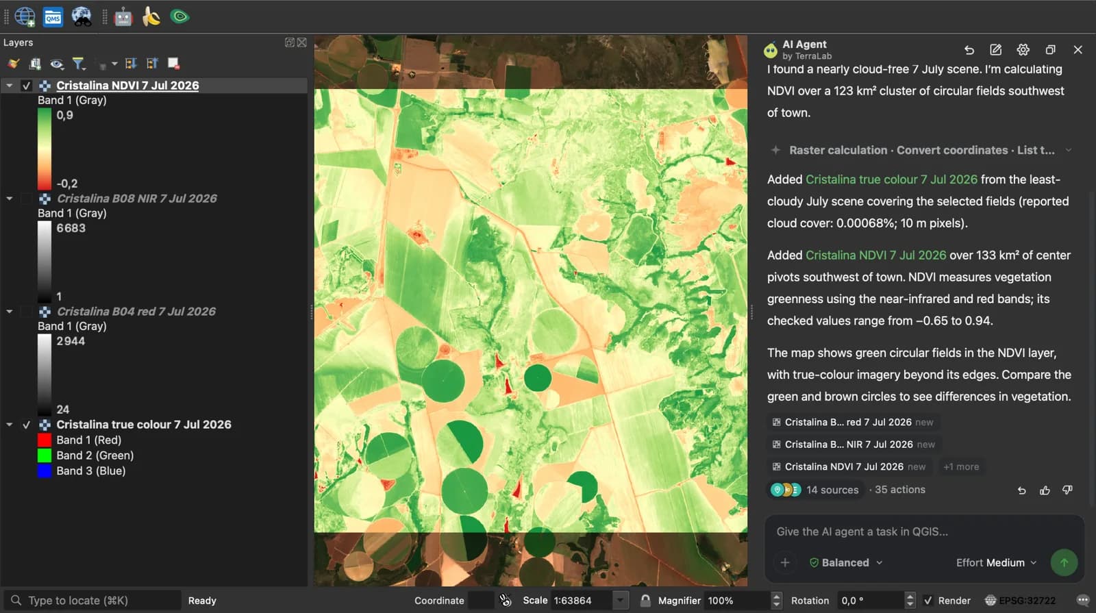 QGIS con il layer NDVI di Cristalina dal rosso al verde sopra l'immagine in colori reali, il pannello Layers con la legenda NDVI da -0.2 a 0.9, e il pannello AI Agent che fornisce la data, la copertura nuvolosa dello 0,00068% e l'intervallo NDVI da -0.65 a 0.94.
