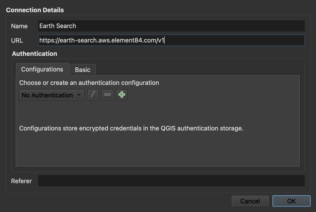 La finestra di connessione STAC di QGIS con il nome Earth Search, l'URL https://earth-search.aws.element84.com/v1 e No Authentication.