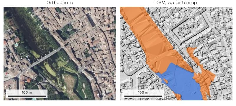 Links das Orthofoto der römischen Brücke über den Vidourle. Rechts das DOM desselben Ausschnitts: Wasser unterhalb der Brücke auf beiden Modellen, oberhalb nur auf dem DGM.