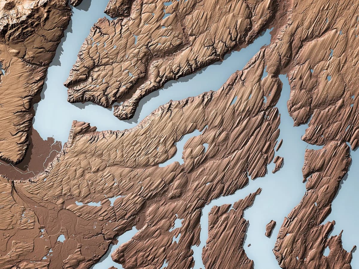 Coloured LiDAR hillshade of drumlins near Hood Canal, Washington, the bare ground with the forest removed.