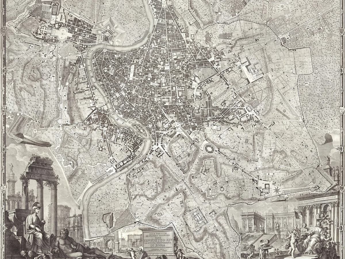 Nolli's 1748 plan of Rome, buildings hatched dark and public space, streets and church interiors left white.