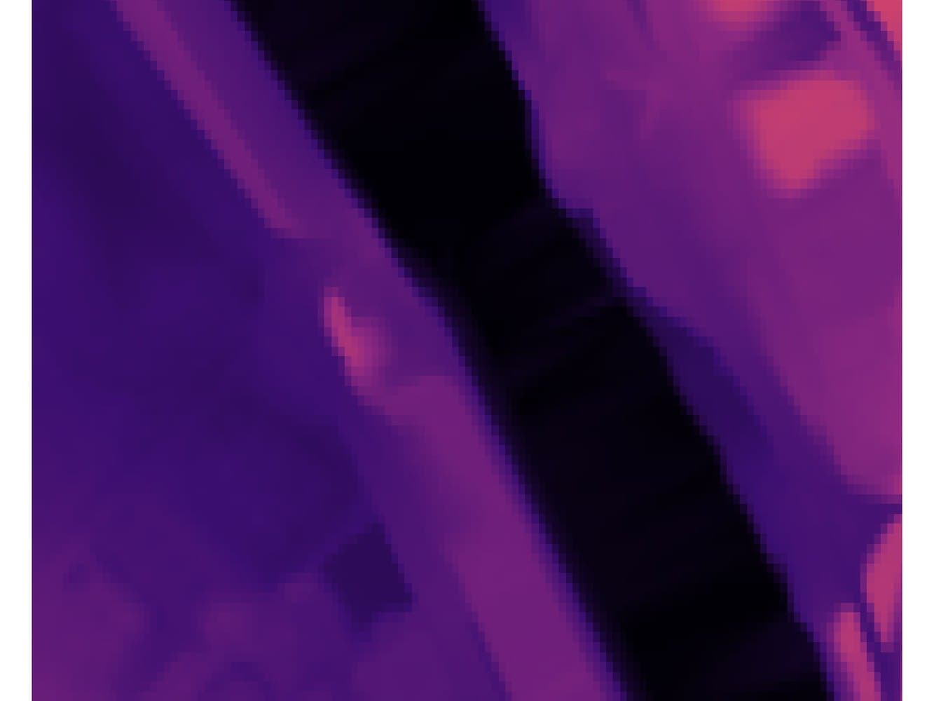 The same frame as an elevation model, with the river channel almost black, the quays purple, and the high ground orange and pale yellow.