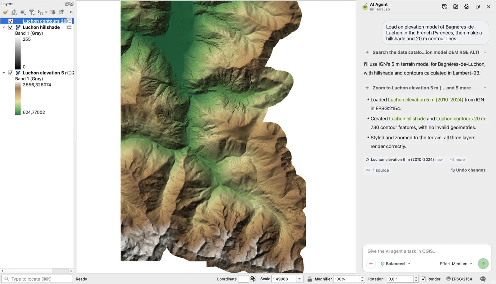 QGIS with the Luchon valley in green to brown elevation colours, a hillshade and dense 20 m contour lines, the Layers panel listing Luchon contours 20 m, Luchon hillshade and Luchon elevation 5 m, and the AI Agent panel reporting 730 contour features from IGN's 5 m model in EPSG:2154.