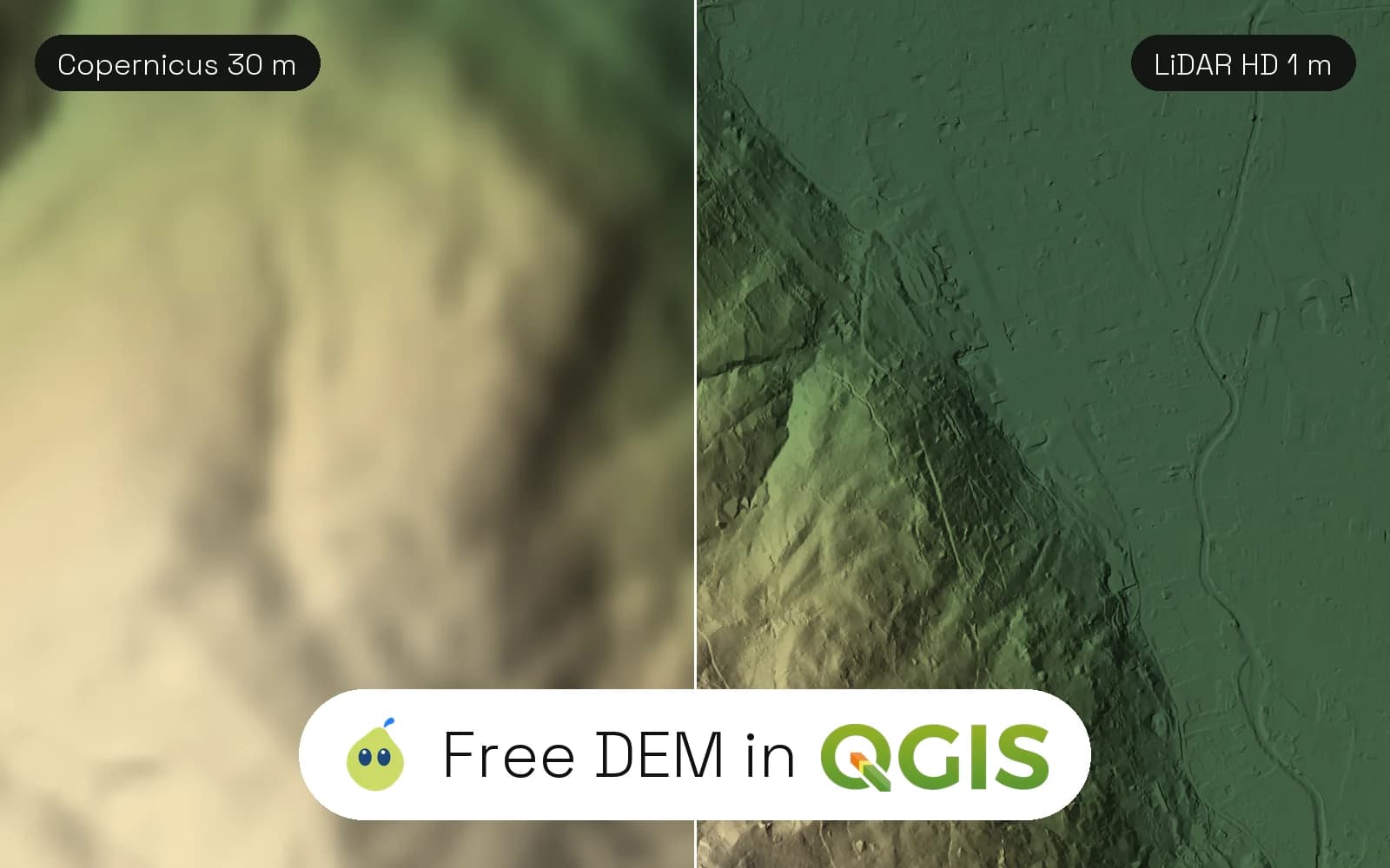 Hillshaded relief of a forested slope and the valley floor at Bagnères-de-Luchon, France, split in two: blurred on the left from the 30 m Copernicus DEM, sharp on the right from IGN's 1 m LiDAR HD model, with roads and a river visible, under the title Free DEM in QGIS.
