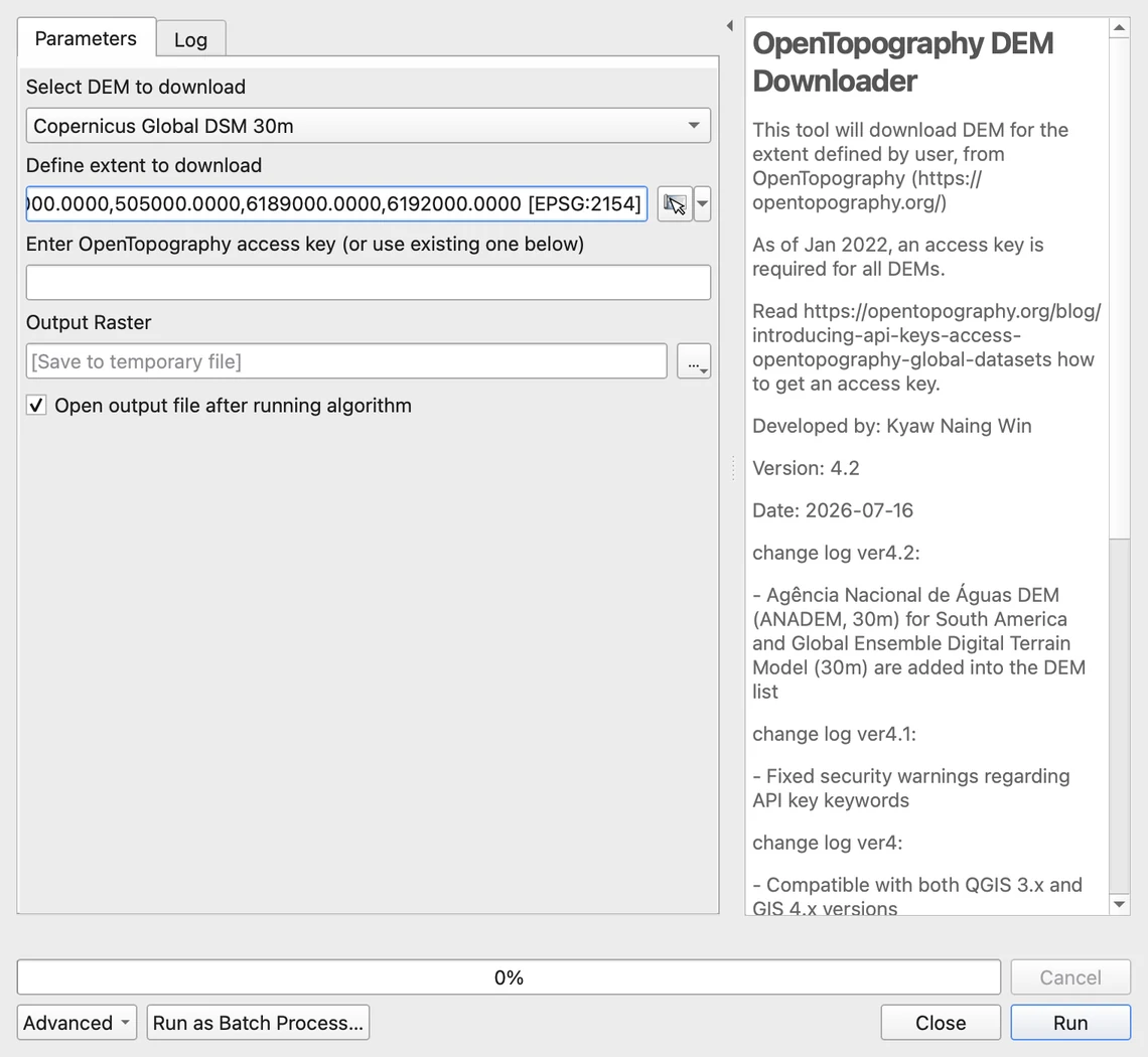 The OpenTopography DEM Downloader dialog in QGIS with Copernicus Global DSM 30m selected, an extent in Lambert-93 around Luchon, an empty access key field and the plugin's help panel stating that a key is required since January 2022.