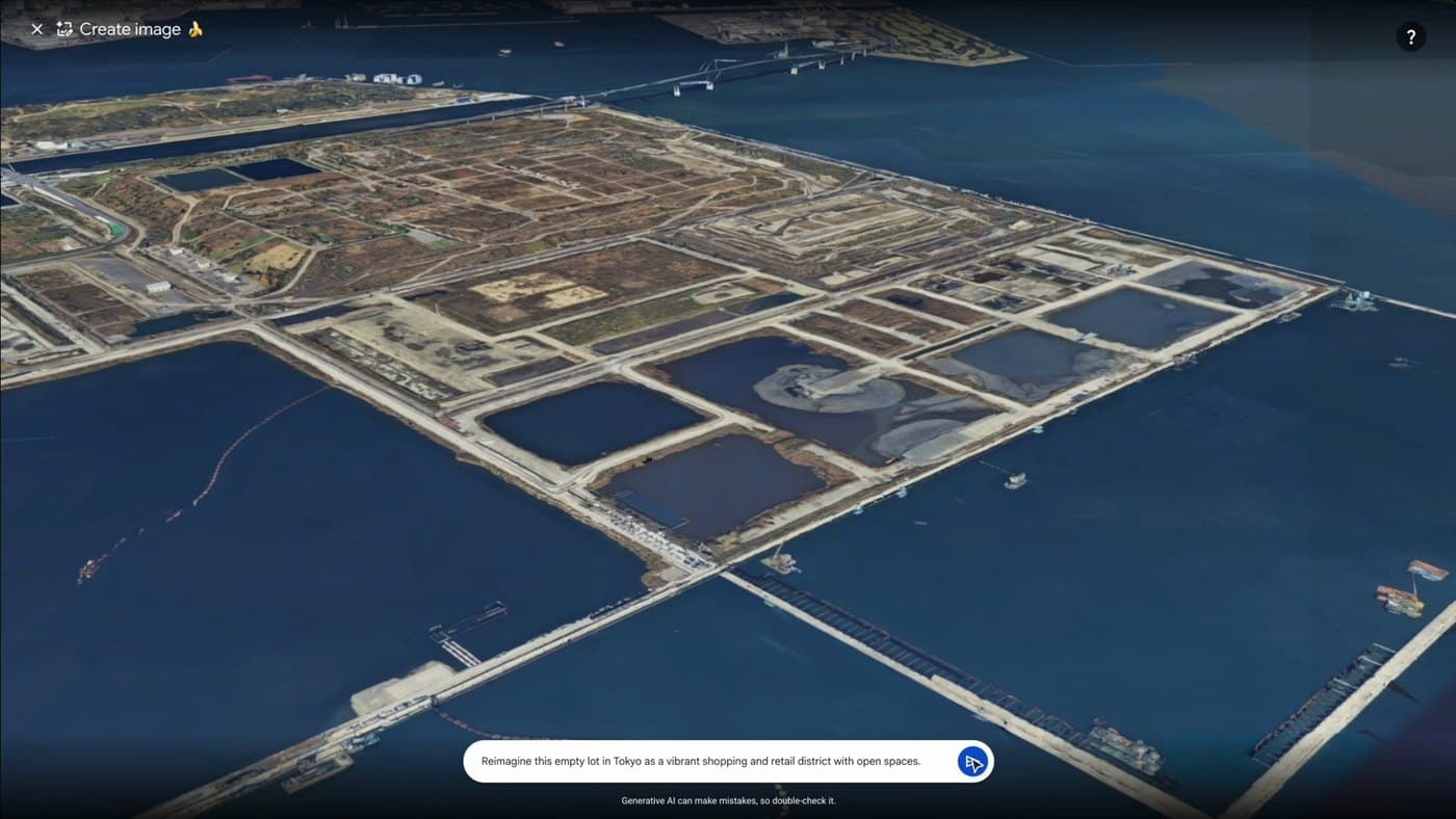 Google Earth in a browser, showing an empty waterfront lot in Tokyo, with a create image label at the top left and a text box under the map holding a typed sentence about turning the lot into a shopping and retail district.