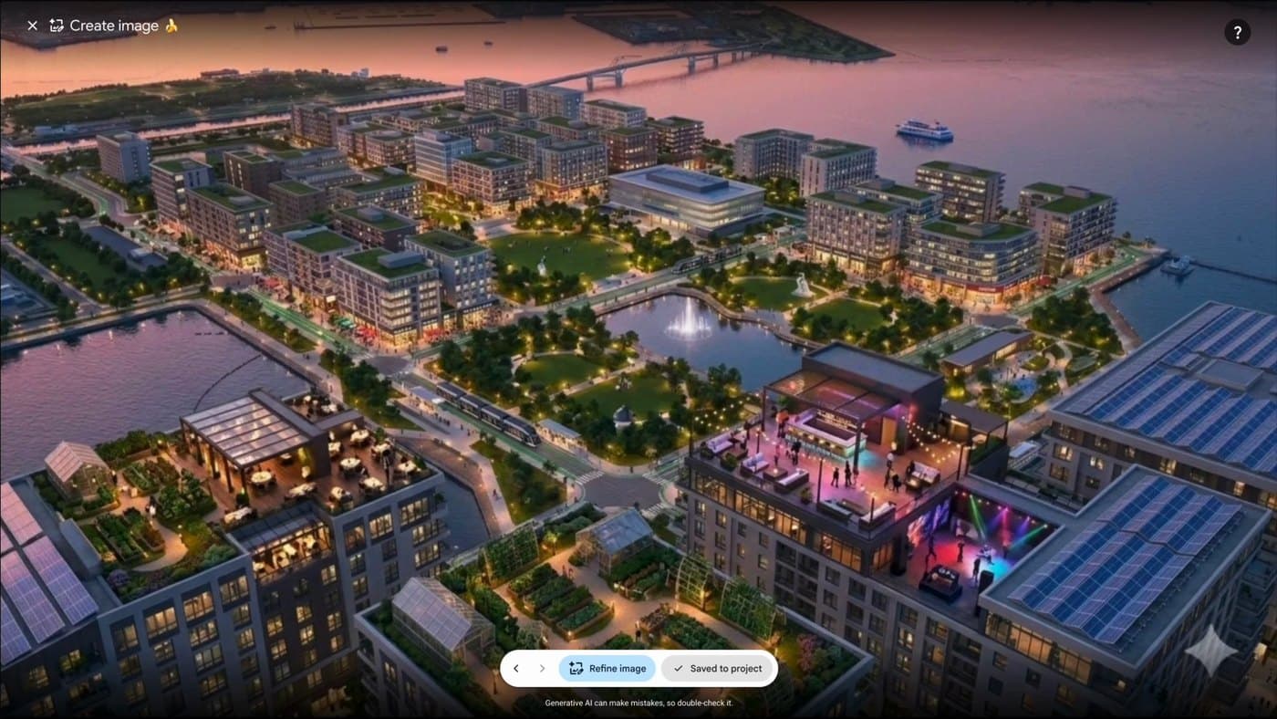 The same Tokyo lot rendered as a lit waterfront district at dusk, with buttons reading Refine image and Saved to project.