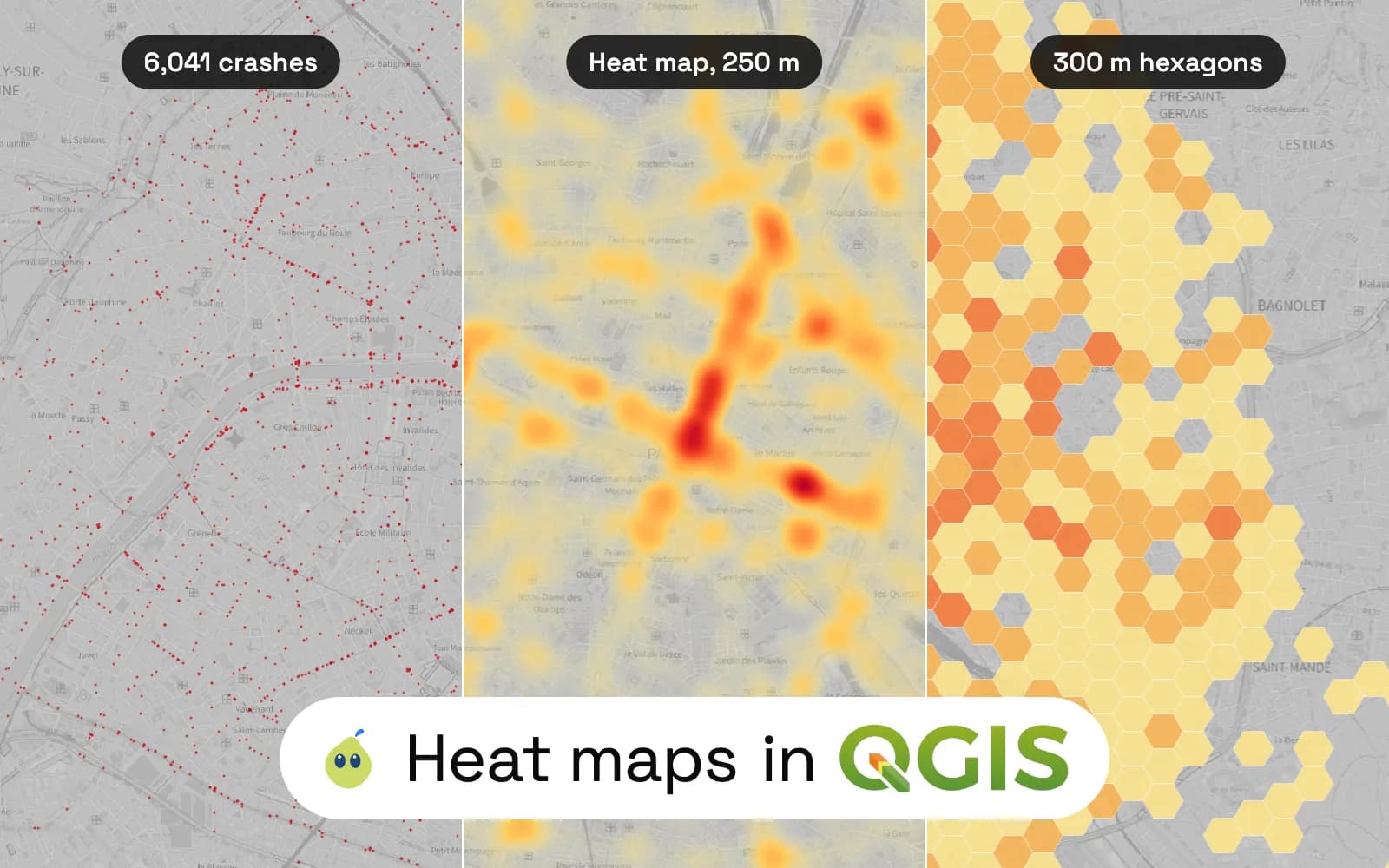 The same view of central Paris cut in three vertical strips: 6,041 bike crashes as red dots on a grey street map, the same crashes as a yellow to red heat map with a red cross at Châtelet, and as orange hexagons coloured by crash count, under the title Heat maps in QGIS.