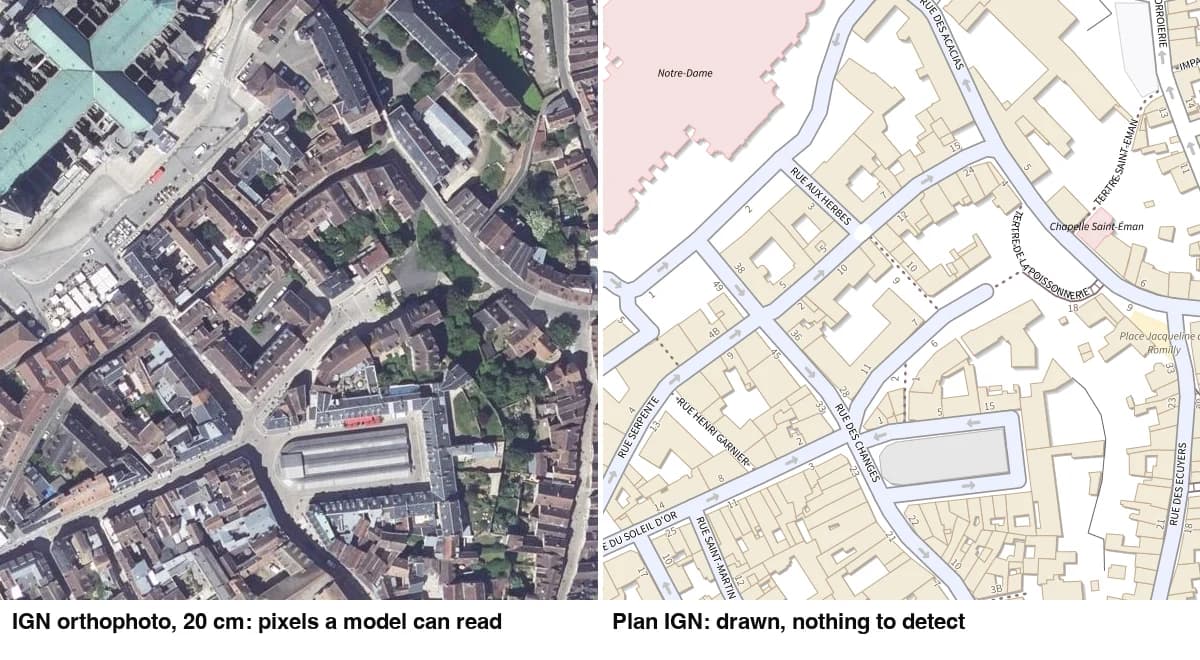 Le même îlot de Chartres sur deux fonds de carte : l'orthophoto de l'IGN à gauche, le plan IGN à droite.