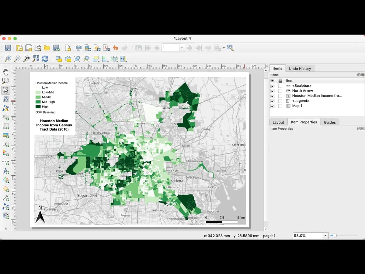 L'interface de QGIS avec une carte choroplèthe du revenu médian à Houston, le panneau des couches à gauche.
