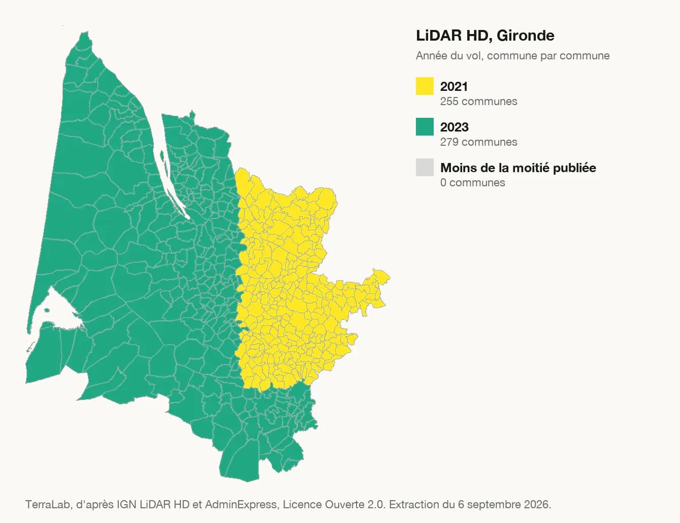 Carte des communes de la Gironde colorées par année du vol LiDAR HD, en gris celles dont le nuage n'est pas publié.
