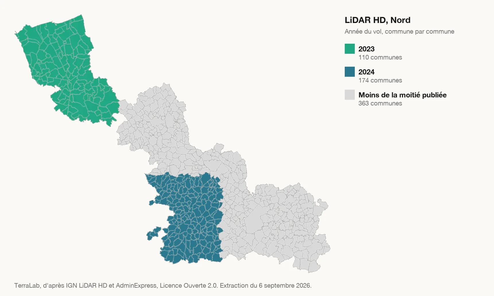 Carte des communes du Nord colorées par année du vol LiDAR HD, en gris celles dont le nuage n'est pas publié.