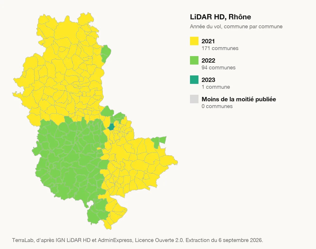 Carte des communes du Rhône colorées par année du vol LiDAR HD, en gris celles dont le nuage n'est pas publié.