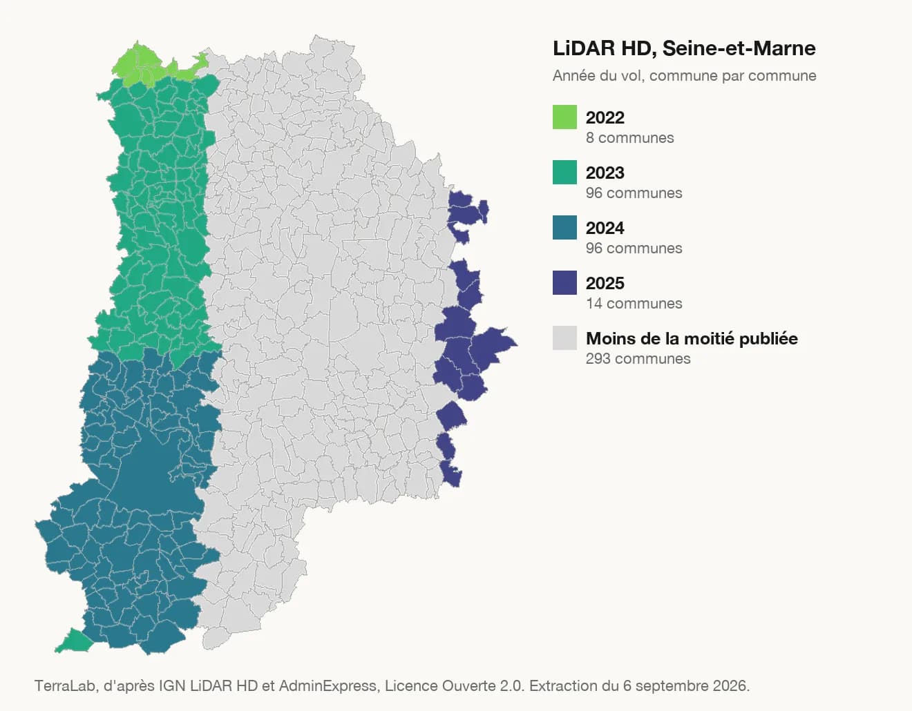 Carte des communes de Seine-et-Marne colorées par année du vol LiDAR HD, en gris celles dont le nuage n'est pas publié.