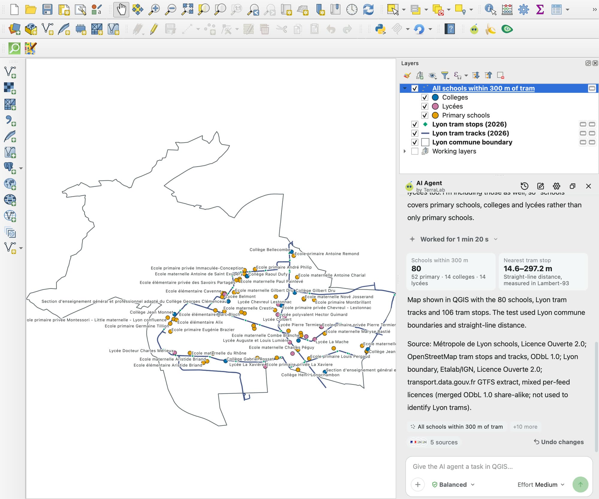 QGIS with the AI Agent panel on the right. The map shows the Lyon commune outline, the tram tracks and the schools within 300 m of a stop, coloured as primary schools, colleges and lycées. The agent's answer shows 80 schools and its sources.