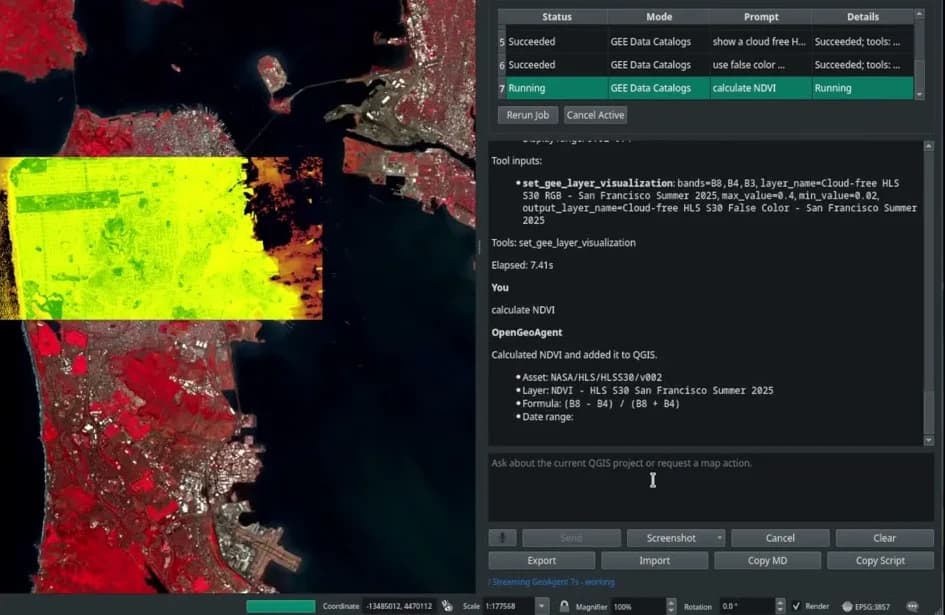 QGIS with the OpenGeoAgent chat docked on the right over a false-colour satellite image of San Francisco. A jobs table lists earlier prompts as succeeded and a calculate NDVI job as running; the chat shows the request calculate NDVI and the agent's reply that it calculated NDVI and added it to QGIS, with the asset, the layer name and the formula (B8 minus B4) over (B8 plus B4). A bright NDVI rectangle covers part of the city on the map.