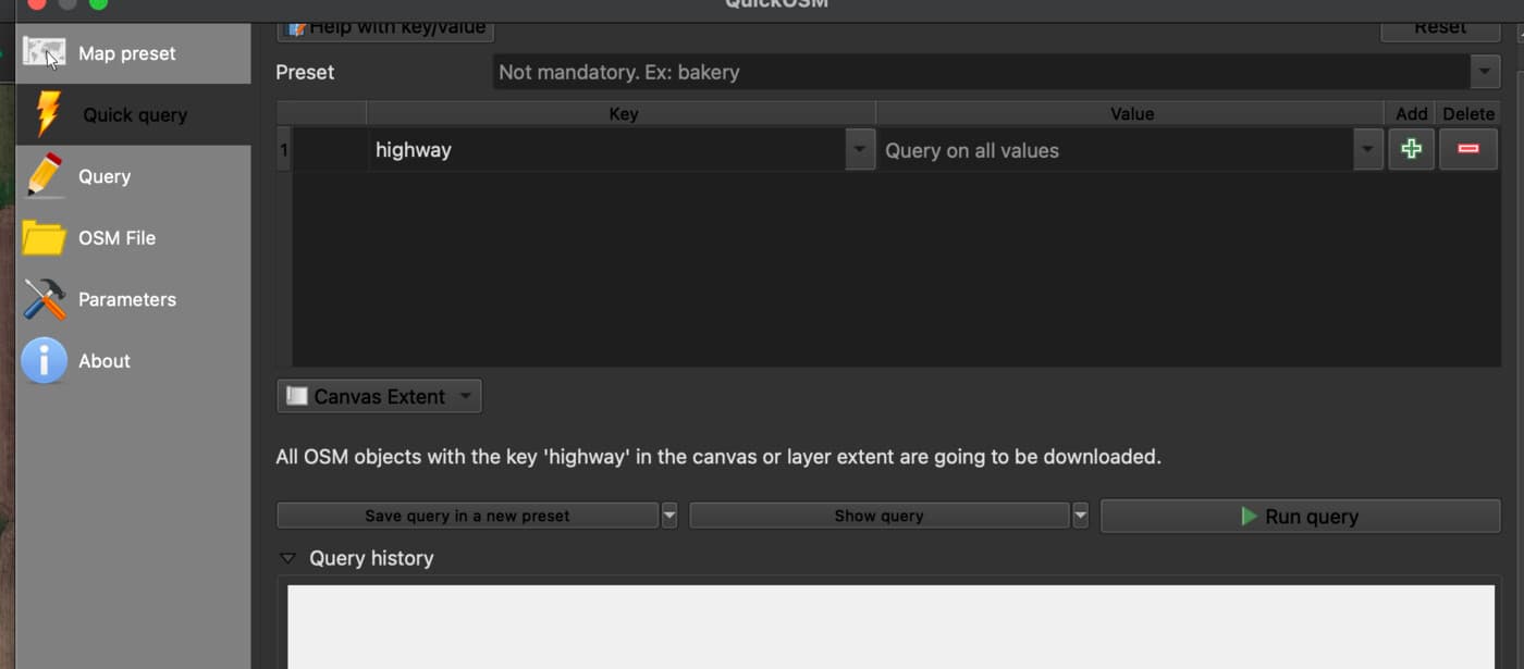 The QuickOSM Quick query tab in QGIS: key highway, value empty, extent set to Canvas Extent, with the Run query button.