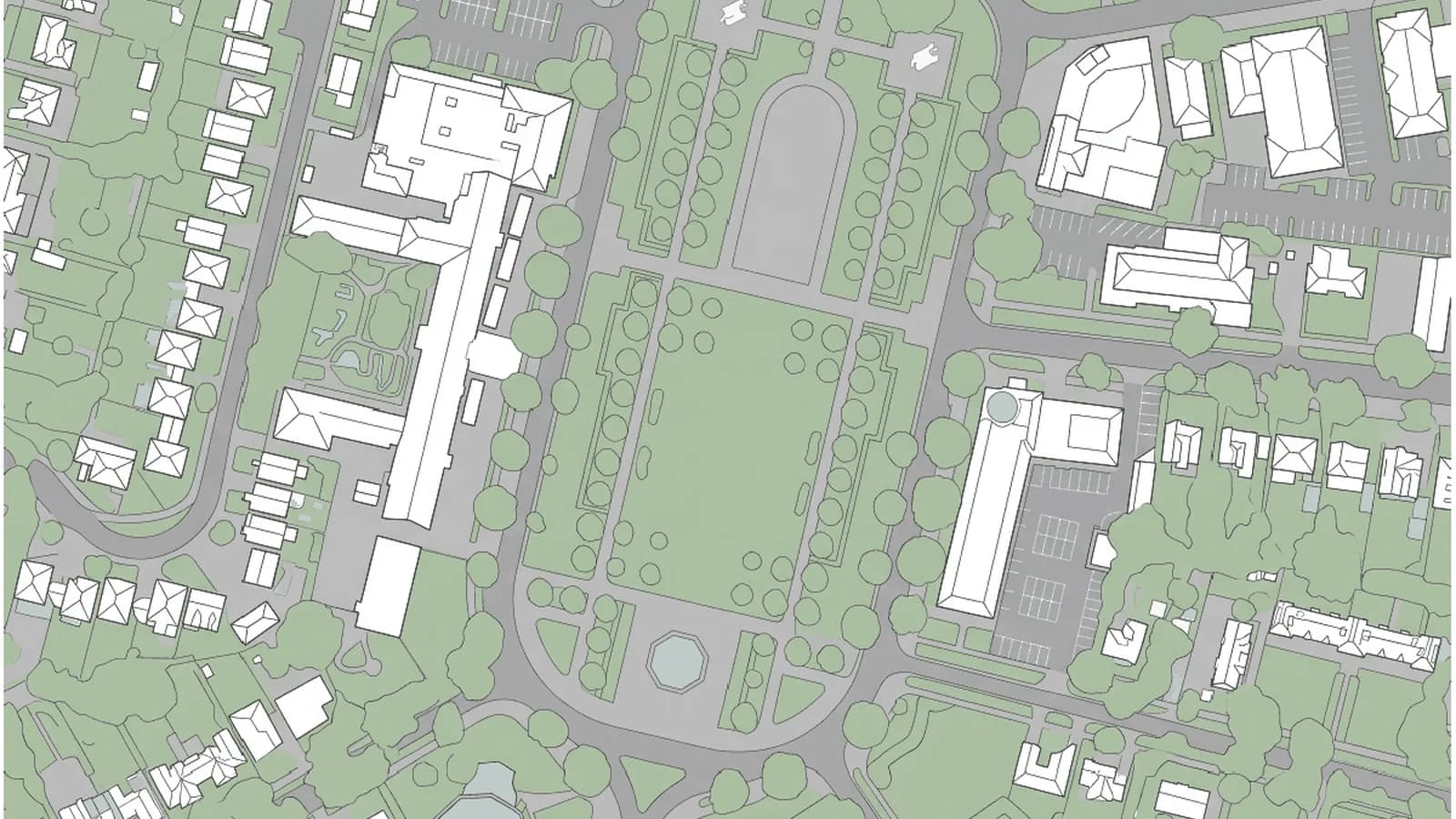 Un plan de masse architectural épuré de Broadway Gardens, à Letchworth, généré à partir d'une imagerie satellite : emprises de bâtiments blanches, routes grises, pelouses vertes et houppiers d'arbres.