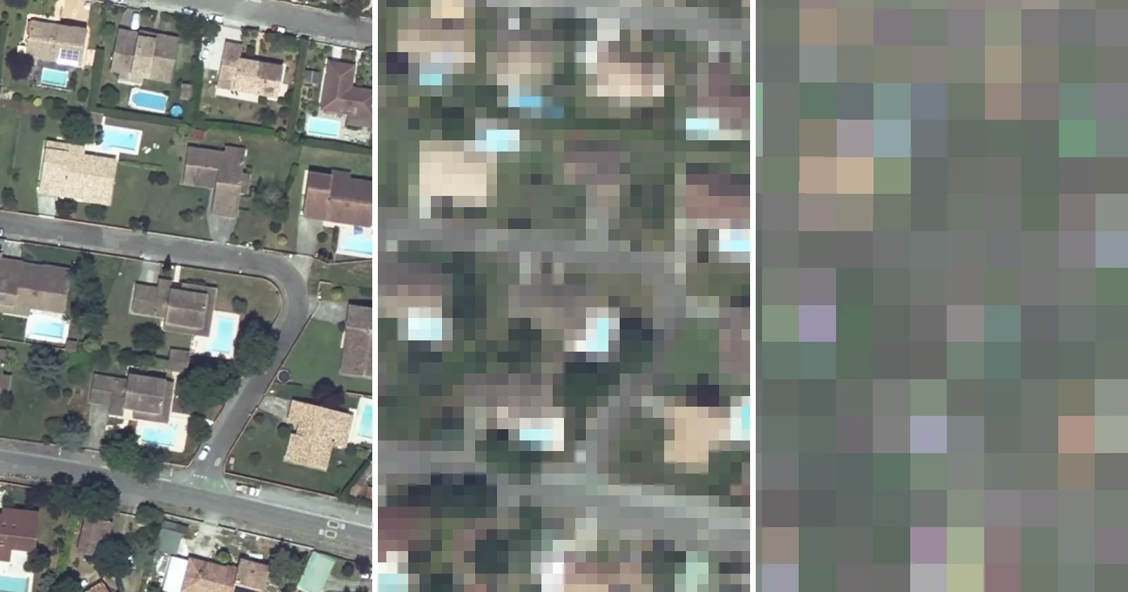 The same block of houses with swimming pools in Tournefeuille, France, in three vertical strips: sharp at 20 cm, blocky at 3 m and an unreadable mosaic of 10 m Sentinel-2 pixels.