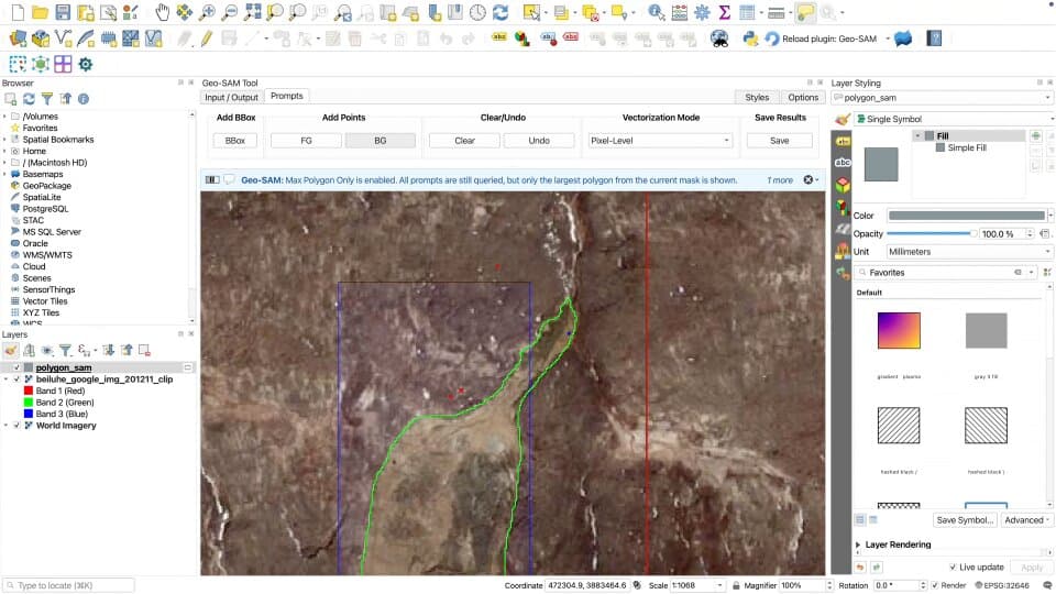 The Geo-SAM toolbar across the top of QGIS and one green polygon segmented inside a blue box on satellite imagery