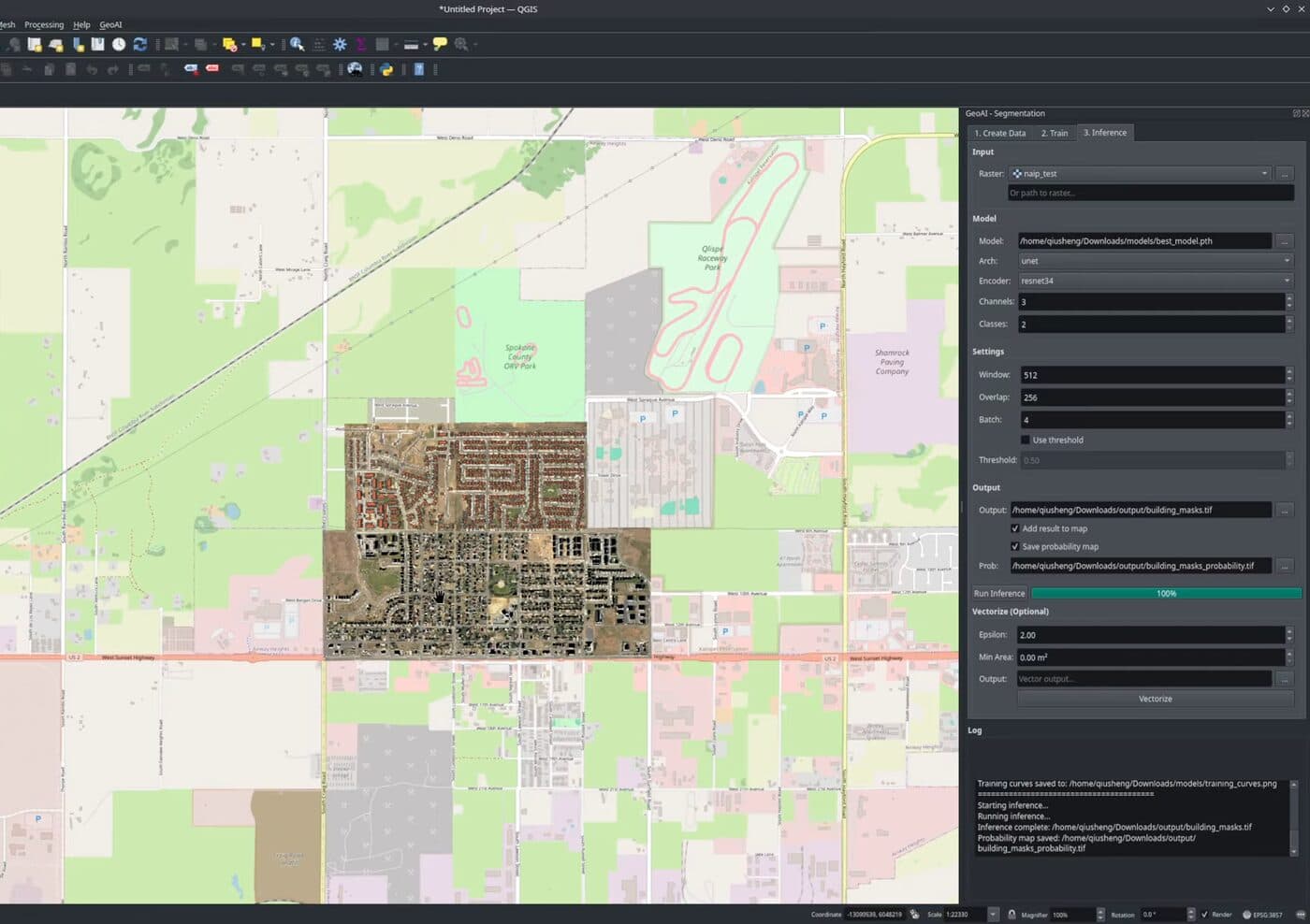 The GeoAI Segmentation panel docked on the right of QGIS, with model, window size and output fields, over aerial imagery on an OpenStreetMap basemap