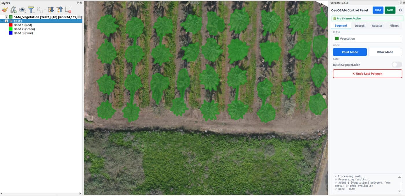 The GeoOSAM control panel beside a drone orthophoto where about twenty palm crowns are each filled green