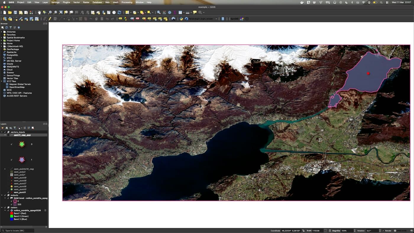 QGIS showing a lake near Lake Como outlined as a pink polygon from a single red point prompt