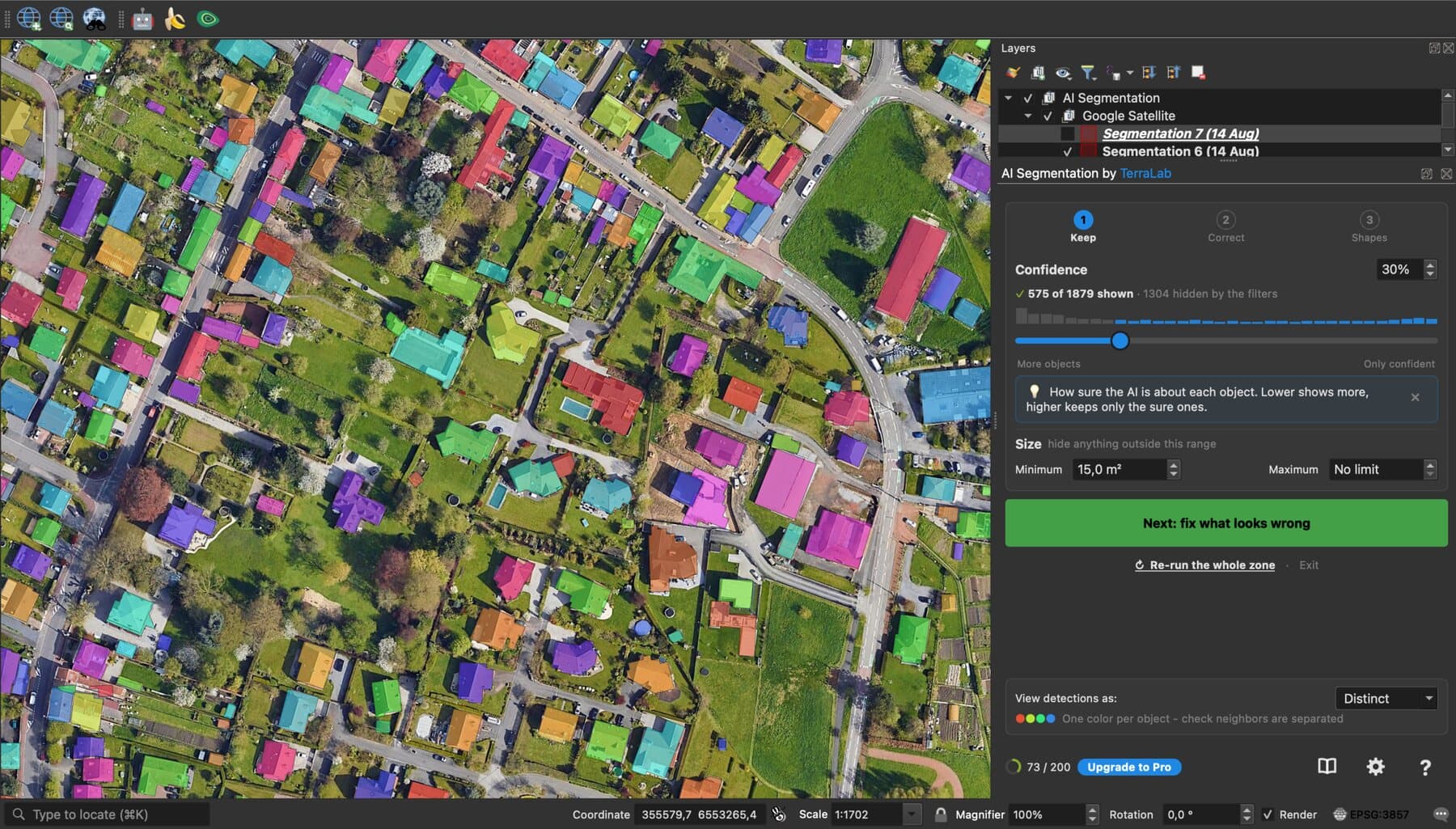QGIS with the AI Segmentation panel open on the right and a village where every detected object is a separate coloured polygon