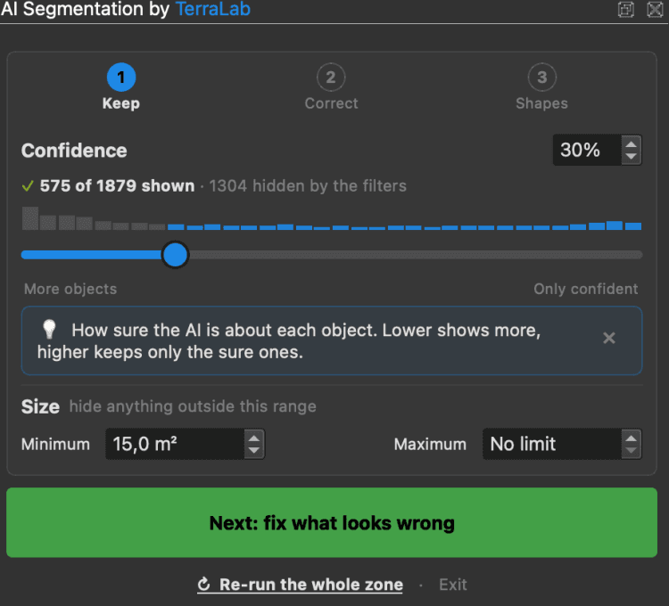 The AI Segmentation review panel with a confidence slider reading 575 of 1879 shown and a minimum size field
