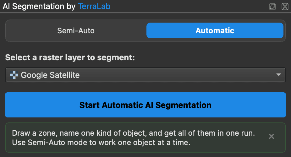 The AI Segmentation panel showing the Semi-Auto and Automatic modes and the raster layer picker