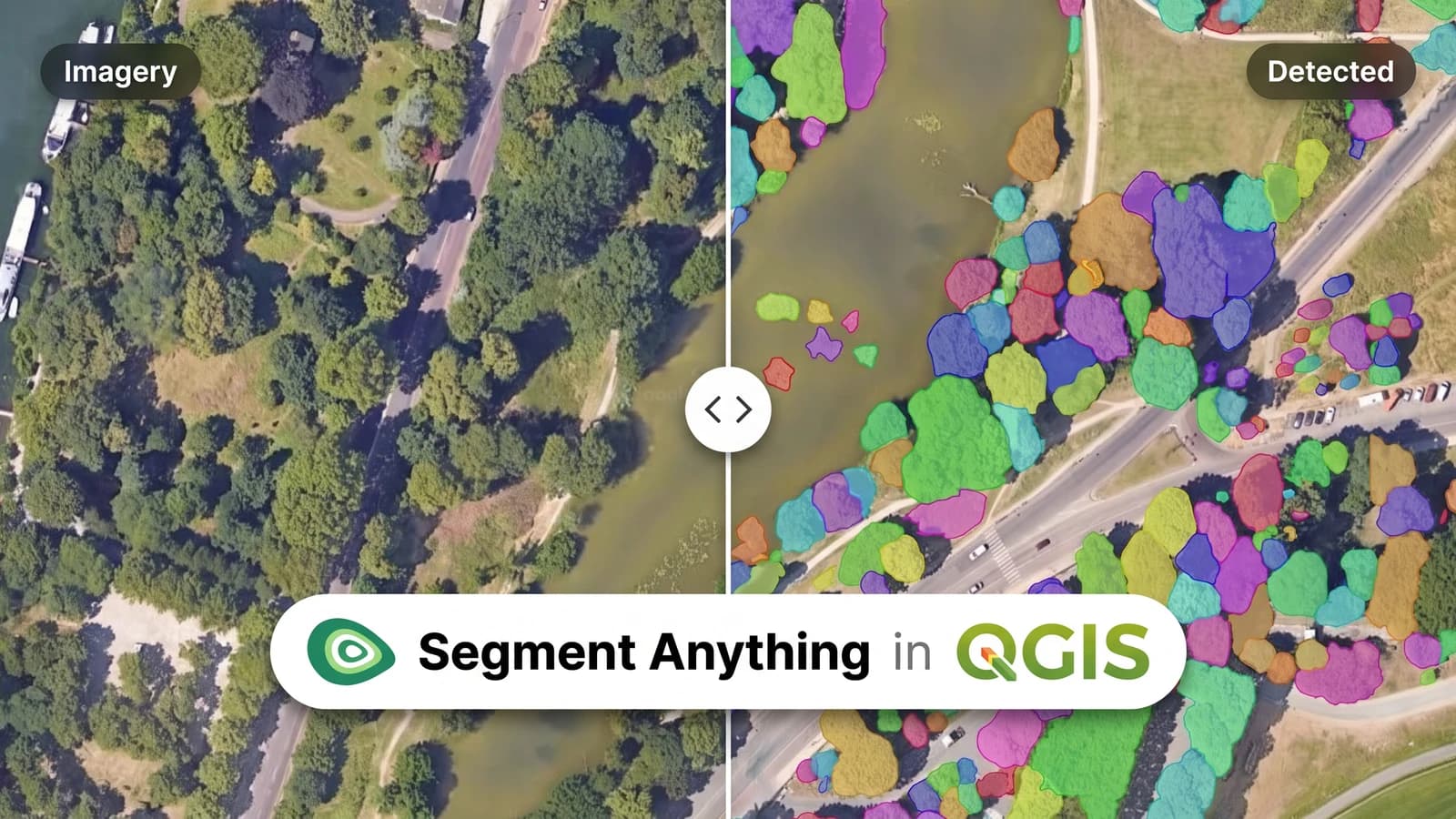 A before/after slider over aerial imagery of a lakeside park, plain trees on the left and each tree crown filled with its own colour on the right, under the title Segment Anything in QGIS.