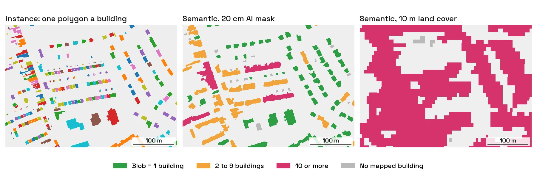Three panels of a window in Liévin: detached houses as single green blobs, semi-detached pairs and terraces in orange and red blobs, and the 10 m land cover merging the whole estate.