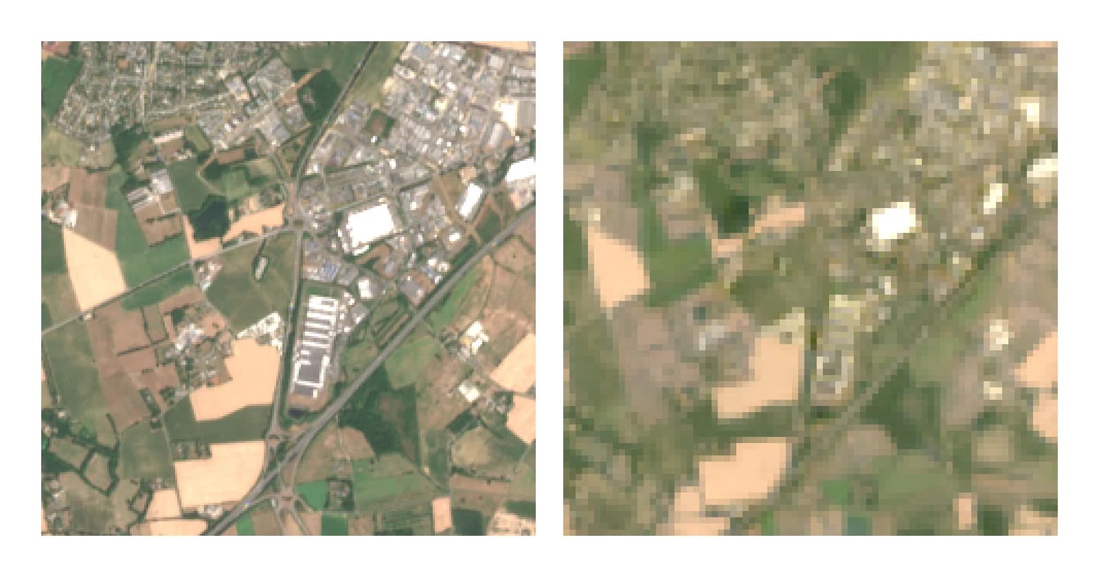 The same fields and industrial estate west of Rennes, France, on 29 July 2026: sharp at 10 m from Sentinel-2 on the left, blocky at 30 m from Landsat 9 on the right.